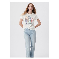 MaviBisiklet Baskılı Beyaz Tişört Slim Fit / Dar Kesim 1611702-70057