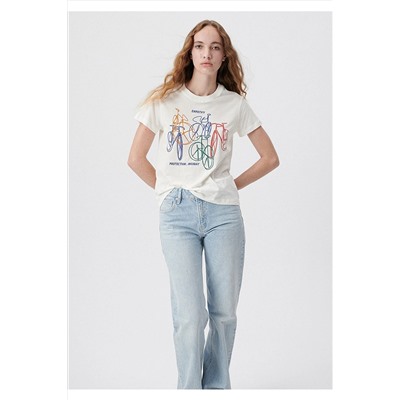MaviBisiklet Baskılı Beyaz Tişört Slim Fit / Dar Kesim 1611702-70057