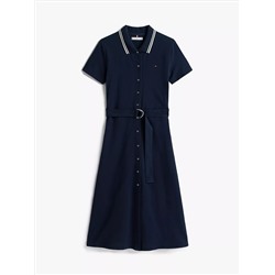 Belted Stretch Pique Polo Midi Dress