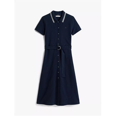 Belted Stretch Pique Polo Midi Dress