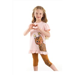 Denokids Yıldız Leopar Kız Çocuk Pembe T-shirt Hardal Tayt Takım CFF-22Y1-043
