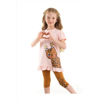 Denokids Yıldız Leopar Kız Çocuk Pembe T-shirt Hardal Tayt Takım CFF-22Y1-043