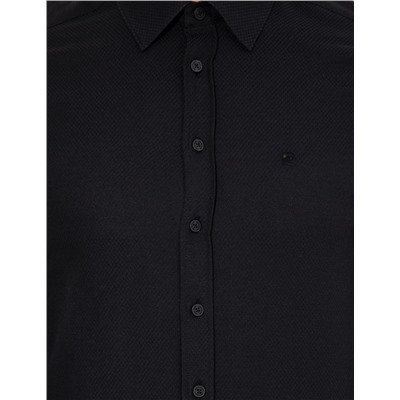 Siyah Slim Fit Armürlü Uzun Kollu Gömlek
