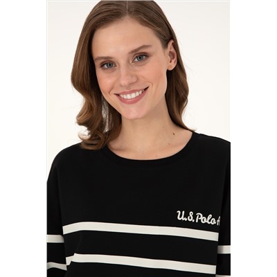 Kadın Siyah Çizgili Bisiklet Yaka Sweatshirt