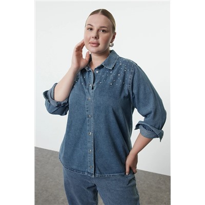 Açık Mavi Taşlı Büyük Beden Denim Gömlek TBBAW25AX00002
