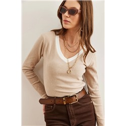 Olalook Kadın Taş Beyaz Yaka Detaylı Şardonlu Likralı Bluz BLZ-19002746