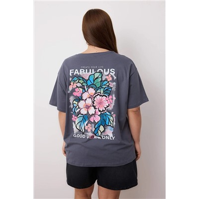 Antrasit Oversize Fit %100 Pamuk Ön ve Arka Baskılı Örme Büyük Beden T-Shirt TBBSS25BF00002