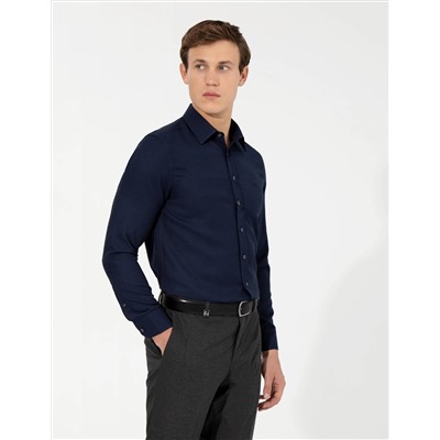Lacivert Slim Fit Armürlü Uzun Kollu Gömlek