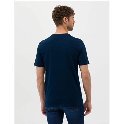 Lacivert Slim Fit Baskılı Bisiklet Yaka Tişört