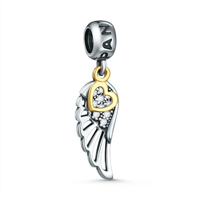 Подвеска-шарм из чернёного серебра с фианитами и позолотой - Крыло и сердце 620076зч