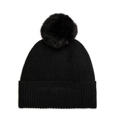 Karl Lagerfeld Paris Logo Faux Fur Trim Beanie