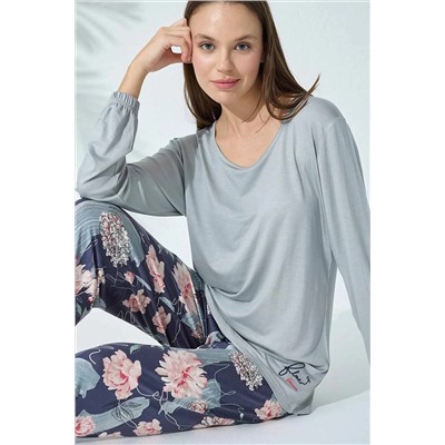 Siyah İnci gri desenli Viskon Pijama Takım 23119286