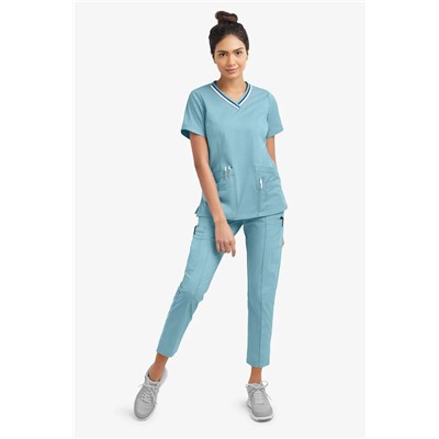 Butter-Soft STRETCH Women's 5-Pocket Short Sleeve V-Neck with Sport Trim Detail Scrub Top