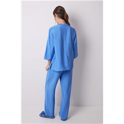 Pijama camisero largo satén plisado azul