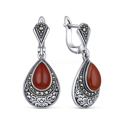 Серьги из чернёного серебра с агатом и марказитами HE1703-RD-LK