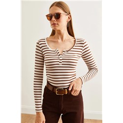 Olalook Kadın Kalın Fitilli Acı Kahve Patlı Kaşkorse Bluz BLZ-19000588