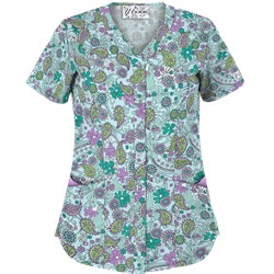 UA Perfect Paisley Pepperminty Snap Front Scrub Top