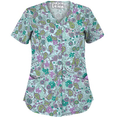 UA Perfect Paisley Pepperminty Snap Front Scrub Top