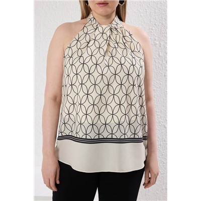 Ekru Geometrik Desenli Halter Yaka Dokuma Büyük Beden Bluz TBBSS25AF00095