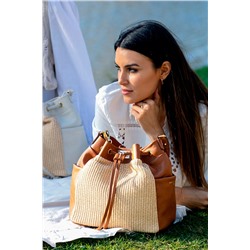 Bolso saco de rafia y piel Santorini Beige y camel