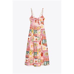 PATCHWORK PRINT MIDI DRESS WITH LINEN BLEND