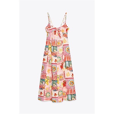 PATCHWORK PRINT MIDI DRESS WITH LINEN BLEND
