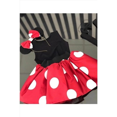 Anne Kız Tasarım Kırmızı Puantiyeli Minnie Mouse Elbise (KOLSUZ) KP123