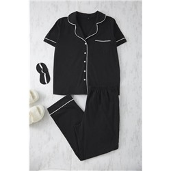 Trendyol Curve Siyah Biye Detaylı Gömlek Yaka Örme Pijama Takımı TBBAW24AI00040