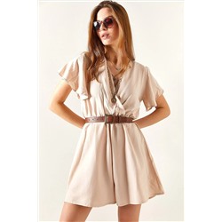 Olalook Kadın Taş Kruvaze Yaka Beli Lastikli Şort Tulum TLM-19000146