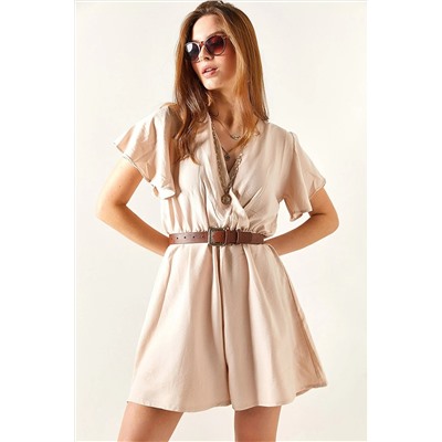Olalook Kadın Taş Kruvaze Yaka Beli Lastikli Şort Tulum TLM-19000146