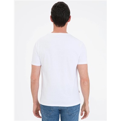 Beyaz Slim Fit Baskılı Bisiklet Yaka Tişört