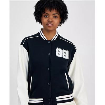 HIPPIE ROSE Juniors' Faux-Leather-Sleeve Snap-Front Varsity Bomber Jacket