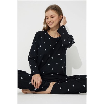 Siyah İnci Siyah Beyaz Kalp Desenli Pamuklu Pijama Takımı 7613