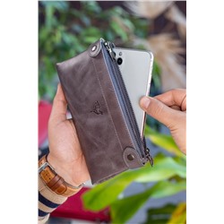 Garbalia, Roosevelt Hakiki Deri Telefon Bölmeli El Saplı Crazy Gri Unisex Portföy Cüzdan