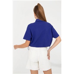 Kadın Mavi Polo Yaka Crop Tişört