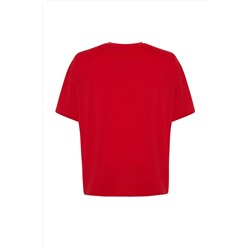 Kırmızı Slogan Baskılı Oversize %100 Pamuk Örme Büyük Beden T-shirt TBBSS24BF00018