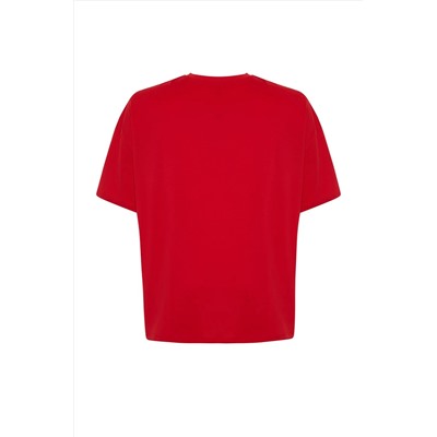 Kırmızı Slogan Baskılı Oversize %100 Pamuk Örme Büyük Beden T-shirt TBBSS24BF00018