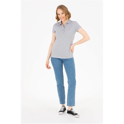 Kadın Gri Melanj Basic Polo Yaka Tişört