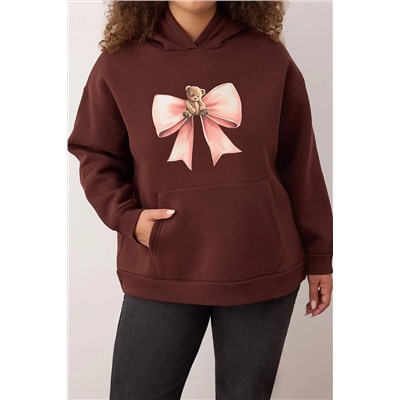Kahverengi Fiyonklu Ayıcıklı İçi Polarlı/Şardonlu Örme Büyük Beden Sweatshirt TBBAW26AO00013