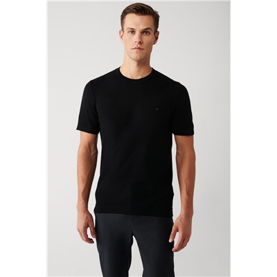 Siyah Bisiklet Yaka Pamuklu Regular Fit Standart Kesim İnce Triko T-Shirt