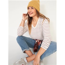 Oversized Cozy-Knit Long-Sleeve Striped T-Shirt for Women