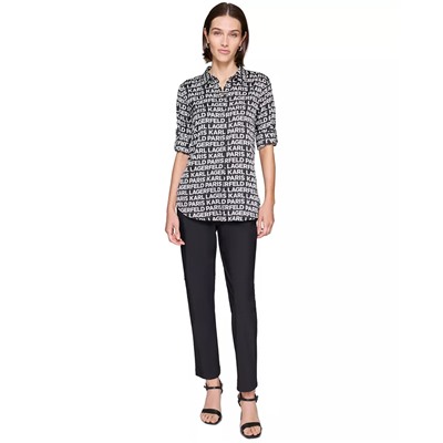 KARL LAGERFELD PARIS Petite Logo Print Roll-Tab-Sleeves Button-Front Shirt, First@Macy's