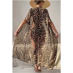 Angelsin, Şifon Uzun Önden Bağlamalı Leopar Plaj Elbisesi Pareo Kimono