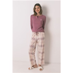 Pijama largo algodón estampado cuadros rosa