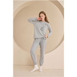 Nbb Pamuklu & Likralı, Panda Baskılı, Uzun Kollu, Kadın Pijama Takımı Krem N6B7B917