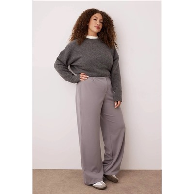 Gri Kemeri Cırtlı Pileli Wide Leg Örme Büyük Beden Pantolon TBBSS24AR00035