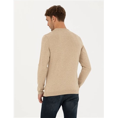 Bej Slim Fit Bisiklet Yaka Triko Kazak
