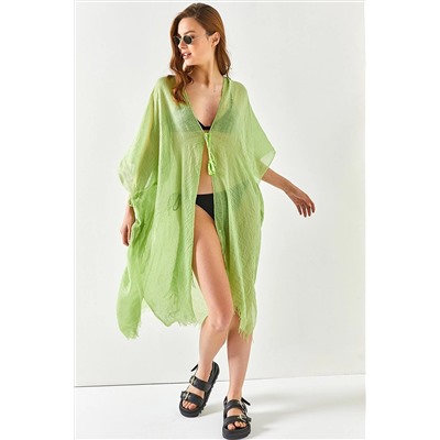 Olalook Kadın Yağ Yeşili Yırtmaçlı Bağlamalı Pareo Kimono KMN-00000063