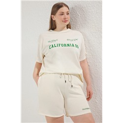 Taş Regular Fit Slogan Baskılı Örme Büyük Beden T-shirt Şort Alt- Üst Takım TBBSS25CP00004