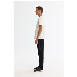 Ekru Bisiklet Yaka Baskılı Elastan T-Shirt
